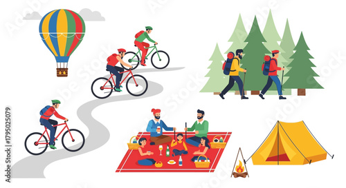 Flat vector illustration set of summer outdoor activities: hiking, cycling, camping, picnicking, and hot air ballooning.