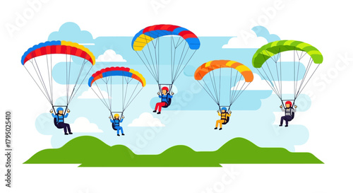 Group of Colorful Parachuters Descending Over Green Hills, Skydiving Adventure