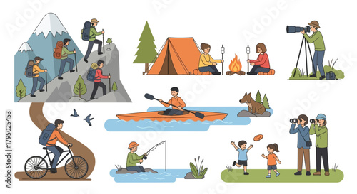 Group of Hikers Climbing Mountain with Backpacks and Hiking Poles