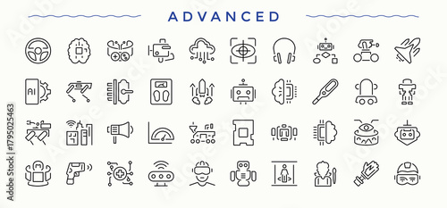 Advanced linear icon collection. Gadget icon set. Contain linear symbols hardware, desktop, computer and device, technology, tech, electronic and more. Vector illustration.