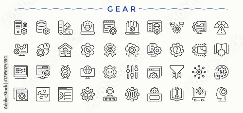 Gear icon set. Thin line icons set. Editable vector illustration. Tools line icon set. Contains outline symbols like tool, engine, work, technician and more.