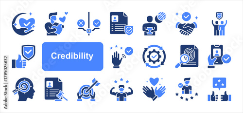 Credibility icon set with Honesty, Ethical, Transparency, Trustworthiness, Accountability, Accuracy, Reputation simple vector.