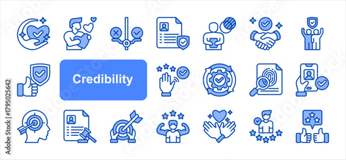 Credibility icon set with Honesty, Ethical, Transparency, Trustworthiness, Accountability, Accuracy, Reputation simple vector.