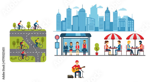 Guitarist Playing Acoustic Guitar with Amplifier and Microphone in City Scene