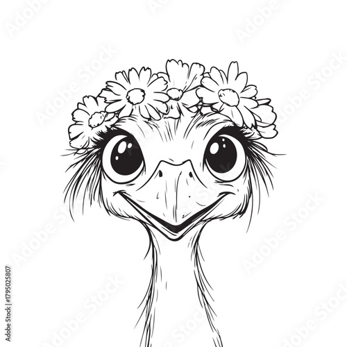 Cute Ostrich Line Art with Floral Crown