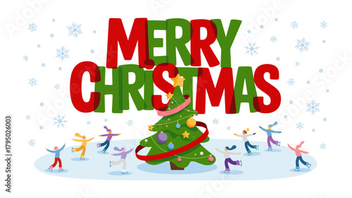 Joyful Christmas Celebration: A festive illustration captures the holiday spirit, with a decorated tree surrounded by dancing figures and the warm message of Merry Christmas overhead.