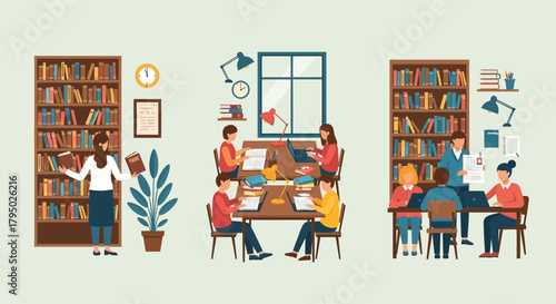Library Scene with People Reading, Studying, and Working at Tables with Bookshelves