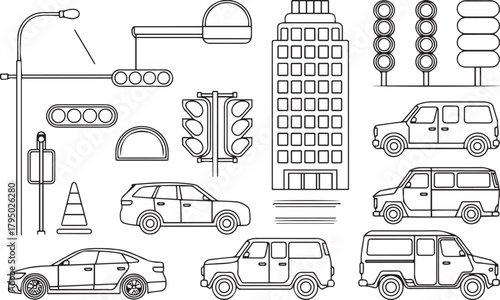 Urban Traffic Line Art Icons Minimal City Vehicle and Street Illustrations