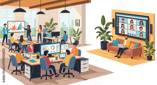 Man on Sofa Participating in Video Conference with Multiple Participants on Screen