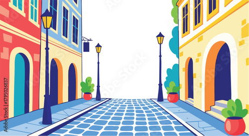Pixel Art European Street Scene with Cobblestone Road and Colorful Buildings