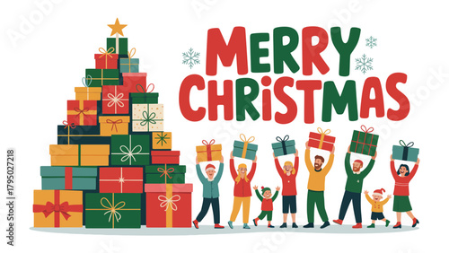 Festive Gifting: A joyful Christmas scene with a Christmas tree made from colorful gift boxes, and a diverse family is holding gifts, embodying the spirit of sharing and celebration.