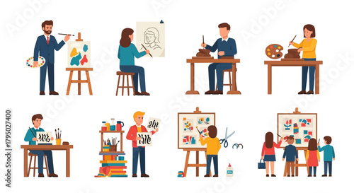 People engaged in various art forms: painting, drawing, sculpting, calligraphy, and collage.