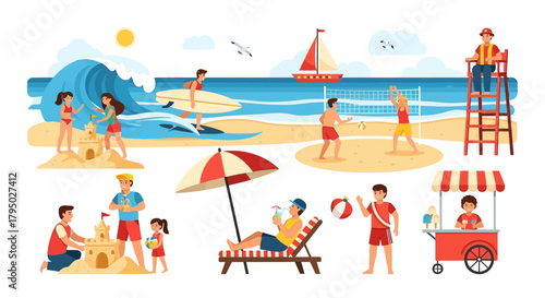 People Enjoying Beach Activities: Surfing, Building Sandcastles, Playing Volleyball, Relaxing