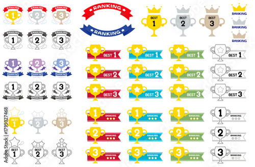 ランキング順位トロフィーとリボンのアイコンセット