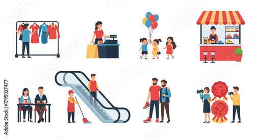 People in Various Activities: Shopping, Cleaning, Dining, Celebrating, and Commuting