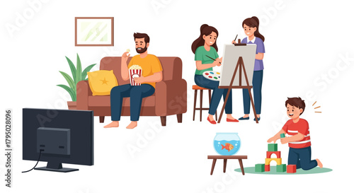 Set of cartoon characters enjoying various indoor leisure activities like watching TV, painting, and playing with blocks.