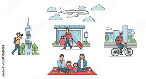 Smiling family picnic illustration: parents and two young children sitting on a red blanket with food and baskets.