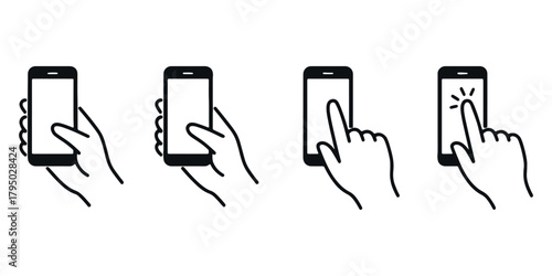 Mobile Phone Hand Gesture Vector Icon Set - Tap, Hold, and Touch Screen Interaction Symbols
