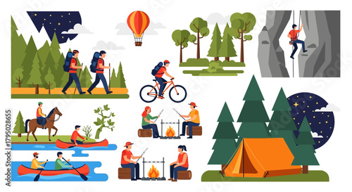 Two Hikers Walking Through Forest with Backpacks and Hiking Sticks