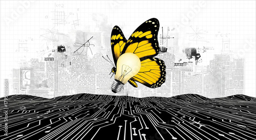 Digital butterfly emerging from circuitry landscape