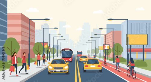 Urban City Street Scene with Cars, Bus, Cyclists, and Pedestrians.