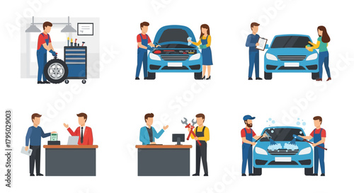 Vector Illustration of Car Mechanics and Service Station Scenes