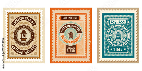 Retro postage stamp with an antique espresso machine, coffee beans and laurel leaves, classic engraving style