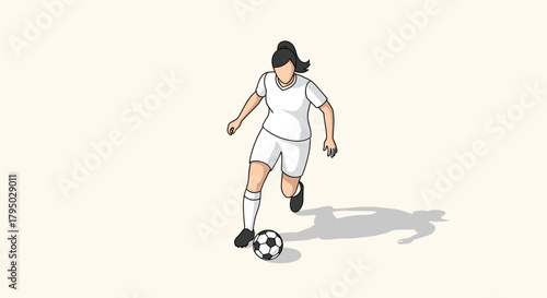 Female football player dribbling ball in minimalist art style