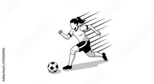 Dynamic female soccer player in motion with speed lines in minimalist style