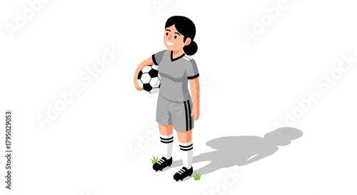 Female soccer player in gray uniform with ball on grassy field in 3d style