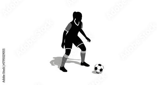 Silhouette of female soccer player in action with ball on white background