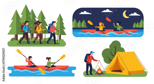 Vector Illustration of People Hiking and Camping Outdoors in Nature