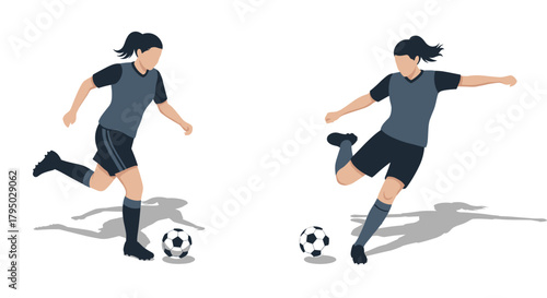 Dynamic female soccer players in action with footballs on white background