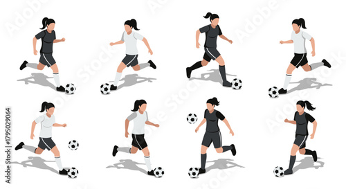 Female soccer players in action with shadow effects