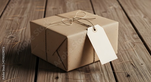 Gift box on wooden table.