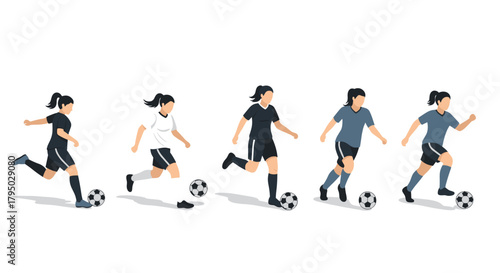 Female soccer players in action poses with soccer balls in isometric style