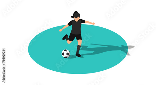 Isometric female soccer player kicking ball on turquoise background