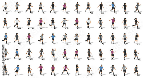 Diverse female soccer players in various action poses on white background