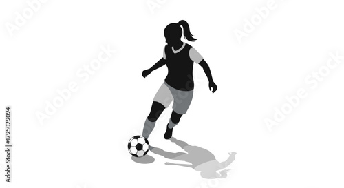 Female soccer player silhouette dribbling a ball with shadow