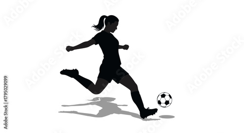 Dynamic soccer player silhouette in action with shadow on white background
