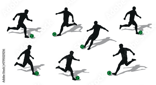 Dynamic soccer player silhouettes kicking football in motion with shadows