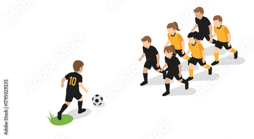 Isometric soccer players in black and orange uniforms on white background