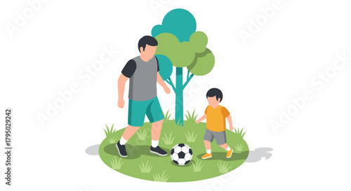 Father and child playing soccer outdoors in a park