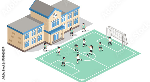 Isometric school playground scene with children playing soccer outdoors