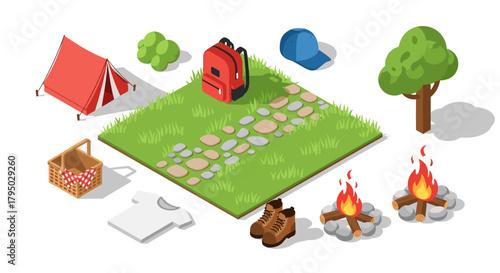 Outdoor camping adventure with tent, campfire, and gear in isometric style