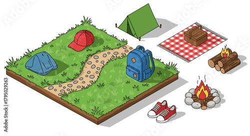 Isometric camping scene with tent, campfire, and backpack on grass
