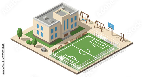 Isometric school building with playground and soccer field