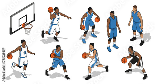 Dynamic isometric basketball players in motion on court
