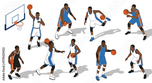Isometric basketball players in motion set for dynamic design projects