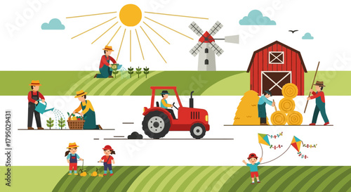 Vibrant flat design farm scene illustrating diverse agricultural activities with farmers, children, tractor, barn, windmill, and hay.